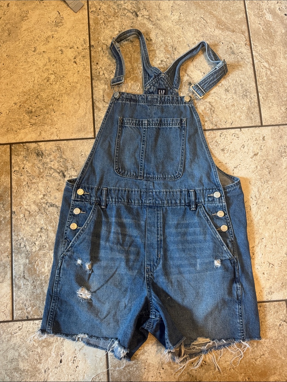 GAP Blue Distressed Denim Short Overalls